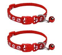 leasote 2Pcs Pet Collar - Adjustable Buckle Design Paw Pattern Cat Collar with Mini Bell for Female Girl Cats Male Boy Cats Puppy Red