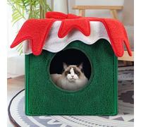 leasote Christmas Cat Bed Gift Box Design Cat Tent Nest for Indoor Cats Warm Cozy Plush Pet Cave Winter Resting House for Cats Dogs Green