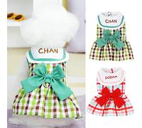 leasote Spring Summer Pet Dress with Traction Ring, Plaid Print Letter Embroidered Big Bowknot Design Dog Princess Dress, Pet Clothes for Small Medium Girl Dogs Green XS