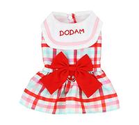 leasote Spring Summer Pet Dress with Traction Ring, Plaid Print Letter Embroidered Big Bowknot Design Dog Princess Dress, Pet Clothes for Small Medium Girl Dogs Red XL