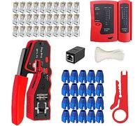LEATBUY Crimper Cat5/Cat5e/Cat6 Crimping Tool RJ45 Crimp Tool Set for RJ11/RJ12 Pass Through for Regular End-Pass-Through with 50PCS Connectors, 50PCS Covers Network Wire Stripper (RED)