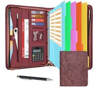 Leathario Portfolio Folder A4, Vegan Leather Conference Folder, 4-Ring Travel Document Holder with 5 5-Part File Dividers, Multi-Pocket Document Folder Organiser, Office Supplies