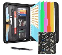 Leathario Portfolio Folder A4, Vegan Leather Conference Folder, 4-Ring Travel Document Holder with 5 5-Part File Dividers, Multi-Pocket Document Folder Organiser, Office Supplies