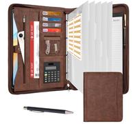 Leathario Portfolio Folder A4, Vegan Leather Conference Folder, 4-Ring Travel Document Holder with 5 5-Part File Dividers, Multi-Pocket Document Folder Organiser, Office Supplies