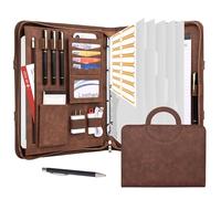 Leathario Portfolio Folder A4, Vegan Leather Conference Folder with Handle, 4-Ring Travel Document Holder with 5 5-Part File Dividers, Multi-Pocket Document Folder Organiser, Office Supplies