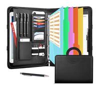 Leathario Portfolio Folder A4, Vegan Leather Conference Folder with Handle, 4-Ring Travel Document Holder with 5 5-Part File Dividers, Multi-Pocket Document Folder Organiser, Office Supplies