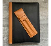 Leather A5 Refillable Notebook Cover & Double Pen Case - Gift Set - Black/Tan - One Size