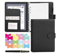 Leather A5 Ring Binder 6 Ring Binder Notebook with 100 Refill Papers, Portfolio Organizer with Card Holder & Penholder, Travel Binder Journal Personal Planner for Business Interview and Meeting -Black