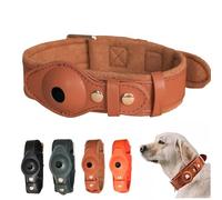 Leather AirTag Pet Collar, Built-in Protective Holder, Adjustable 24-60 cm, for Medium to Large Dogs and Cats, Brown (Black, M)