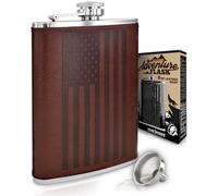 Leather American Flag Hip Flask - Leak Proof Food Grade Stainless Steel for Whiskey or Bourbon Liquor | Bonus Funnel (USA 8 Ounce Flask, Brown Leather Wrap)
