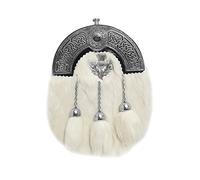 LEATHER AND WHITE FUR 3 TASSELS SCOTTISH BRASS CANTLE SPORRAN WITH BELT