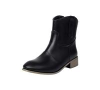 Leather Ankle Boots for Women UK Round Head Chunky Heel Black