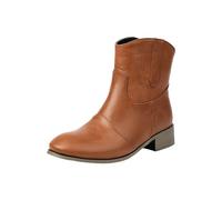 Leather Ankle Boots for Women UK Round Head Chunky Heel Brown