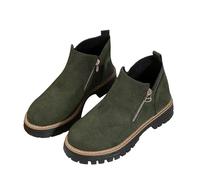 Leather Ankle Boots for Women UK Round Head Chunky Heel Green