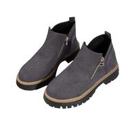 Leather Ankle Boots for Women UK Round Head Chunky Heel Grey