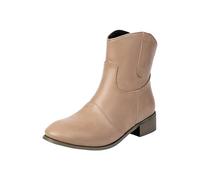 Leather Ankle Boots for Women UK Round Head Chunky Heel Khaki