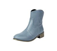 Leather Ankle Boots for Women UK Round Head Chunky Heel Light Blue