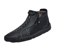 Leather Ankle Shoes Men, Riding Boots Large Size Casual Shoe Breathable Slip-On Shoes Anti-Slip Flat Bottom Leather Shoe Versatile Sports Footwear with Zip Lightweight Trekking Footwear Black