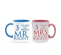 Leather Anniversary 3 Years Being Mr Right & Mrs Always Right Set of 2 Wedding Anniversary, Valentines Day, Coloured Couple Mug Set. (3 Years)