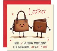 Leather Anniversary Card for Dad & Step Mum - 3rd Wedding Anniversary Cards for Step Mum & Dad Cute Anniversaries Greeting Cards