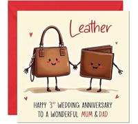 Leather Anniversary Card for Mum & Dad - 3rd Wedding Anniversary Cards for Mother Father Cute Anniversaries Greeting Cards