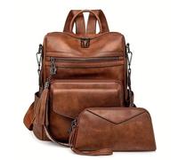 Leather backpack woman Two Pieces Vintage Women's Backpack with Clutch Large Capacity Leopard Block Design with Tassel Leather(Brown)