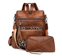Leather backpack woman Two Pieces Vintage Women's Backpack with Clutch Large Capacity Leopard Block Design with Tassel Leather for Work University Travel Business(Leopard print)
