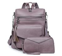 Leather backpack woman Two Pieces Vintage Women's Backpack with Clutch Large Capacity Leopard Block Design with Tassel Leather(Purple)