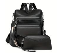 Leather backpack woman Two Pieces Vintage Women's Backpack with Clutch Large Capacity Leopard Block Design with Tassel Leather for Work University Travel Business(Black)