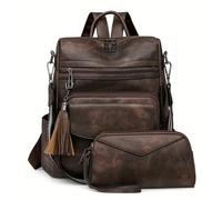 Leather backpack woman Two Pieces Vintage Women's Backpack with Clutch Large Capacity Leopard Block Design with Tassel Leather for Work University Travel Business(Coffee)