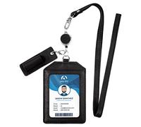 Leather Badge Holder Vertical Style, Boshiho Genuine Cowhide Leather Credit ID Card Holder Stretch Neck Lanyard and Pen Holder for Office (Black)