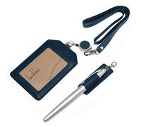 Leather Badge Holder Vertical Style, Boshiho Genuine Cowhide Leather Credit ID Card Holder Stretch Neck Lanyard and Pen Holder for Office (Blue)
