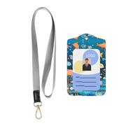 Leather Badge Holder with Lanyard, Blue Underwater World of Fish Carry Leather ID Holder, Leather ID Holder for Staff, Teachers and Students