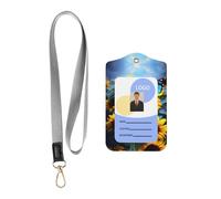 Leather Badge Holder with Lanyard, Sunflower Blue Butterfly Carry Leather ID Holder, Leather ID Holder for Staff, Teachers and Students