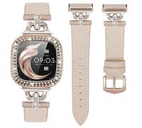 Leather Band Compatible with Fitbit Sense/Fitbit Versa 3 Bands for Women, Dressy Leather Strap with Rhinestone D-Shape Metal Buckle with with Bling Case Cover (Fitbit Versa 3/Sense, Beige/Rose Gold)