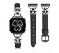 Leather Bands Compatible with Fitbit Versa 4/Fitbit Versa 3 /Fitbit Sense/Sense 2 Bands for Women, Bling Slim Leather Strap with Designer Three Hearts Design Buckle Strap for Fitbit Versa 4 Band