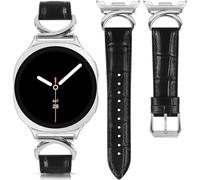 Leather Bands Compatible with Samsung Galaxy Watch 8 Band 40mm 44mm/Watch 8 Classic 46mm, Slim Leather Strap Wristband Accessories with C-Shape Metal Buckle for Women,Black/Silver