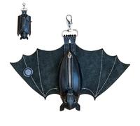 Leather Bat Coin Purse | Bat Wallet Keyring | Handmade Gothic Hanging Bats Zippered Coin Pouch with Foldable Wings | Upside-Down Black Leather Bats Keychain for Bags & Belts