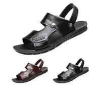 Leather beach shoes, open toe slippers, plain summer leather sandals, sandals for men, breathable summer shoes, non-slip hiking sandals, slippers, sports sandals with movable heel straps, black, 12 UK