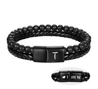 Leather Beaded Bracelets for Men I Love You Gifts for Him Initial Bracelets Lava Rock Bead Anxiety Relief Letter A-Z Cuff Bangle Birthday Retirement Anniversary Christmas Jewelry for Boyfriend Dad