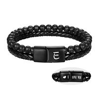 Leather Beaded Bracelets for Men I Love You Gifts for Him Initial Bracelets Lava Rock Bead Anxiety Relief Letter A-Z Cuff Bangle Birthday Retirement Anniversary Christmas Jewelry for Boyfriend Dad