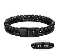 Leather Beaded Bracelets for Men I Love You Gifts for Him Initial Bracelets Lava Rock Bead Anxiety Relief Letter A-Z Cuff Bangle Birthday Retirement Anniversary Christmas Jewelry for Boyfriend Dad