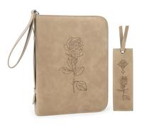 Leather Bible Cover for Woman & Men, Women’s Bible Case with Rose Bookmark for Bible Supplies-Girls Carrying Bag Tote with Strap, Personal Size Book Organizer for Journaling Bible-Khaki