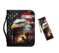 Leather Bible Cover with Bookmark and Handle,Zippered Bible Carrying Case for Men, Bible Tote Bag,Bible Accessories, Christian Gifts,Bald Eagle Wolf and American Flag Prints,2XL