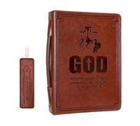 Leather Bible Cover with Soft Handle, Large Bible Book Carrying Case Cover(with Exquisite Bookmark), Church Bible Bag As Gift for Women, Man, Girls, Boy (Dark Brown+Print)