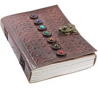 Leather Book of Shadows Journal, Supernatural Notebook with Chakra Gem Stones Healing Crystals and Latch, by AzureGreen (Brown Single Lock)