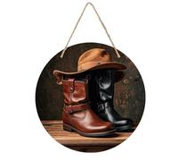 Leather Boots Hat Rustic Welcome Sign for Front Door 7.9 Wooden Flower Door Hanger, Rustic Round Large Wood Plaque Wall Hanging Decor for Front Porch Outdoor Farmhouse Home Decorations