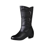 Leather Boots Ladies Womens Boots Black Retro Stylish Low Block Heel Mid Calf Boots Women Size 7 Round Toe Boots Women Zipper Wedges Autumn Winter Boots Dress Party Boots For Women Cowboy (Black, 6)