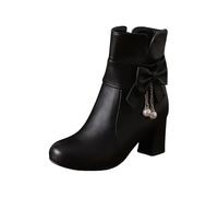 Leather Boots Womens Mid Calf High Heels Womens Pink Premium Luxury | High Heel Boots Block Slip On Ladies Shoes Stylish With Bow Non Slip Shoes Waterproof Wellies Fashion Santa Boot Christmas