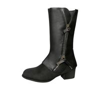 Leather Boots Womens Wide Fit Shoes Round Head Chunky Heel Boots Black